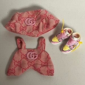 Designer Overalls Bucket Hat 3 Piece Sneaker Outfit Set For Labubu Pink